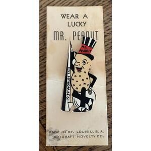 Vtg 1939 Worlds Fair Pin Lucky Mr Peanut Wood 2" Lapel Pin Souvenir